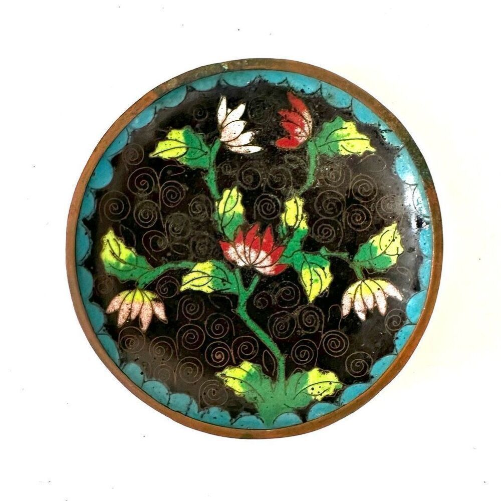 Green blue floral cloisonné copper enamel vintage trinket dish